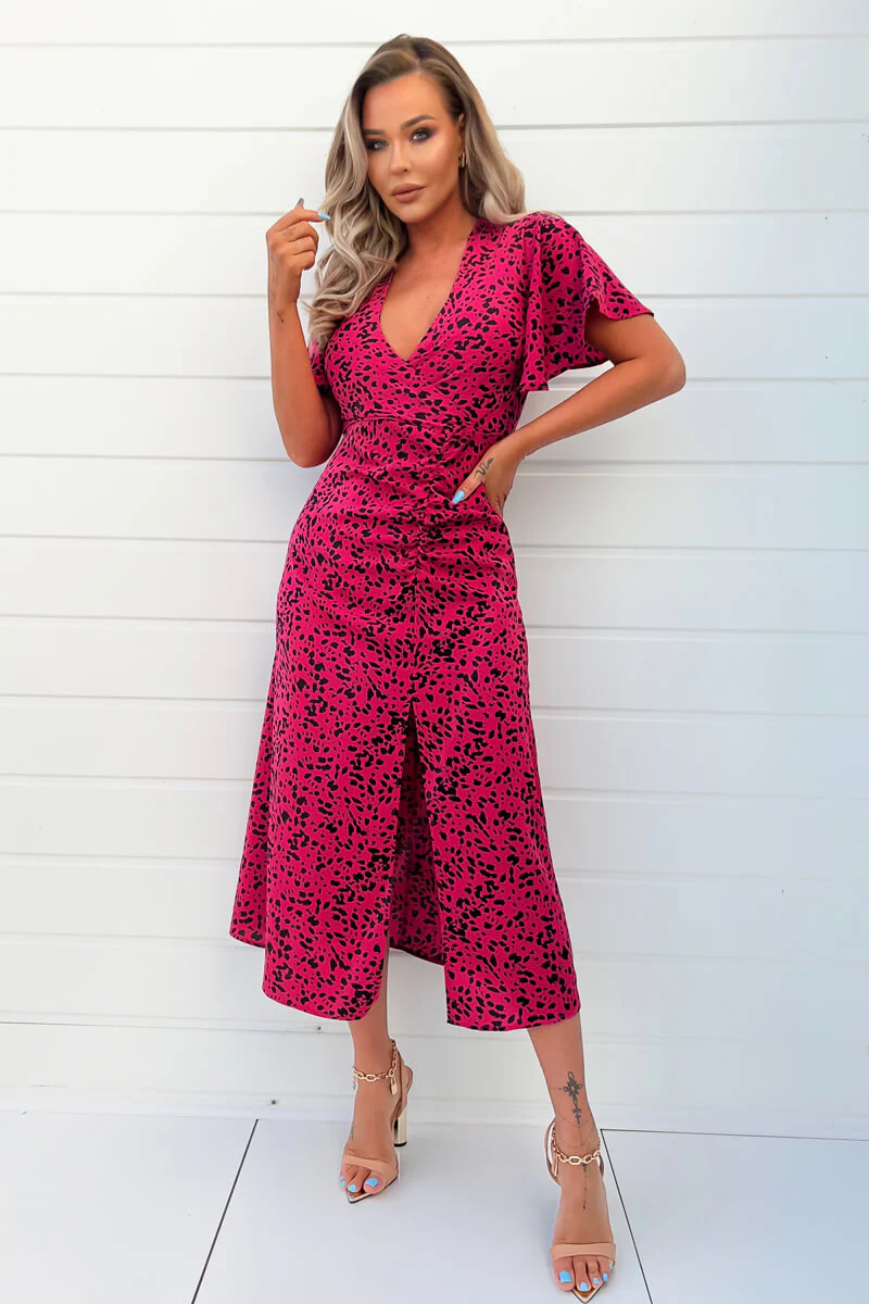 Pink And Black Printed Split Skirt Midi Dress - Swimclubus