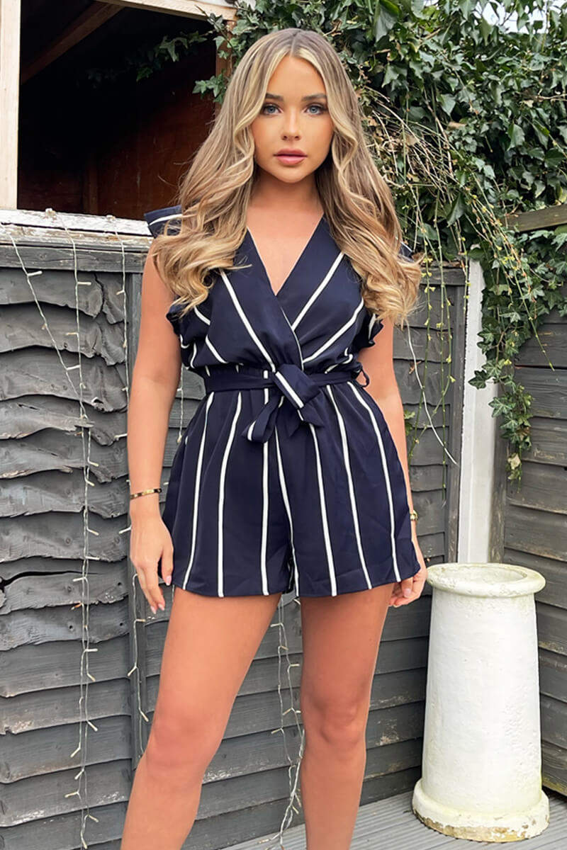 Navy Striped Wrap Top Belted Playsuit - Swimclubus
