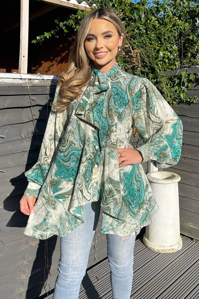 Green Marble Print Tie Neck Shirt - Swimclubus