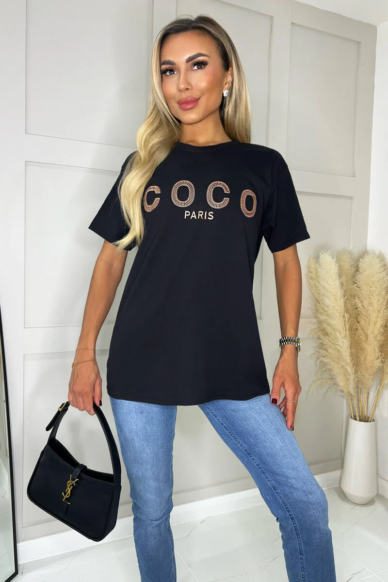 Black Coco Rose Gold Slogan T-Shirt - Swimclubus
