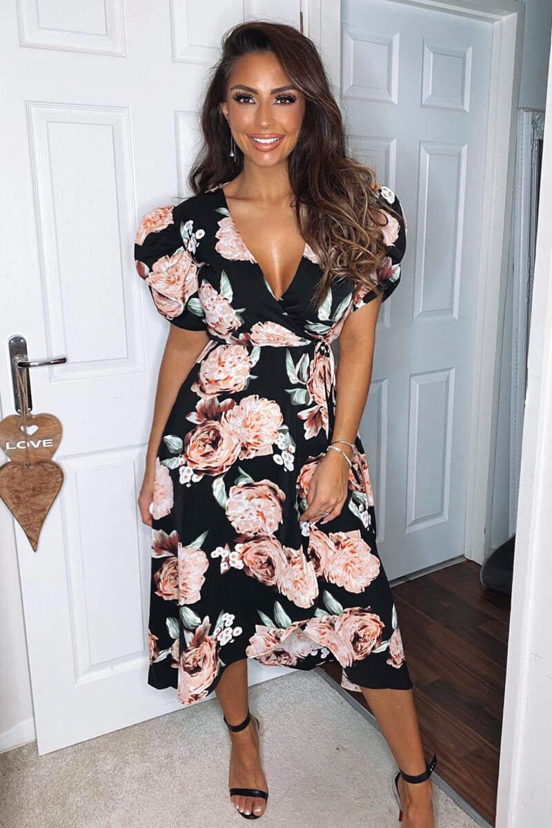 Black Rose Printed Wrap Midi Dress - Swimclubus