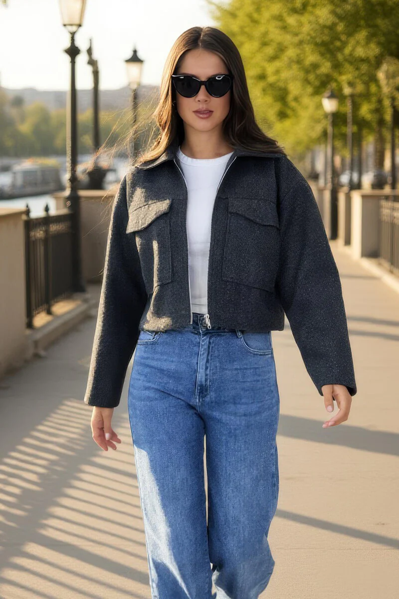 Dark Grey Marl Zip Up Pocket Detail Boxy Jacket - Swimclubus