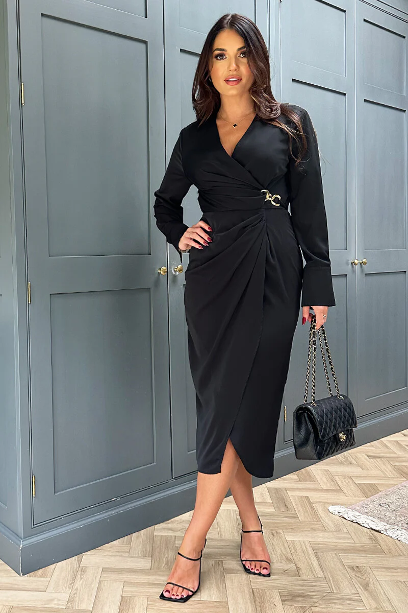 Black Wrap Gold Buckle Midi Dress - Swimclubus