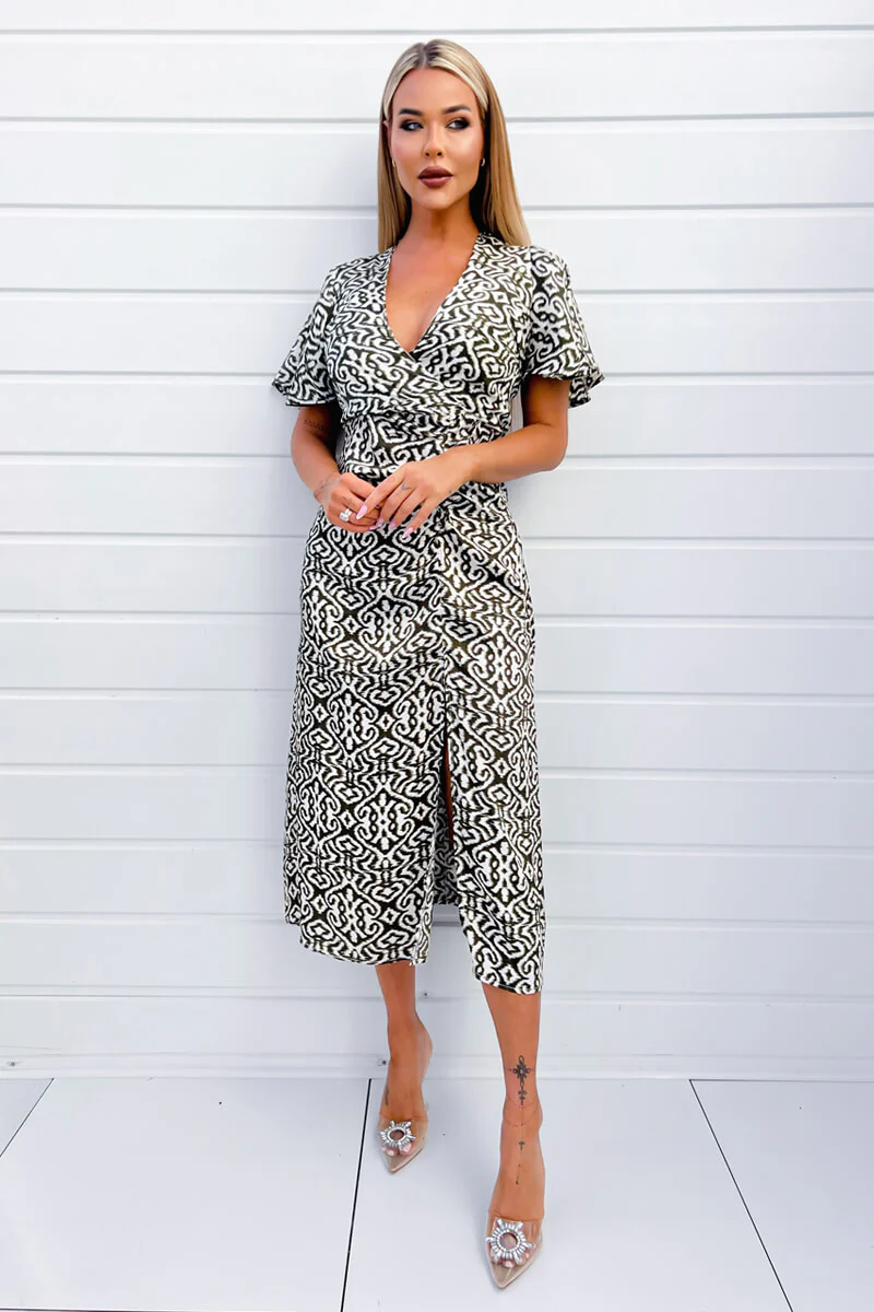 Khaki Printed Bell Sleeve Midi Dress - Swimclubus