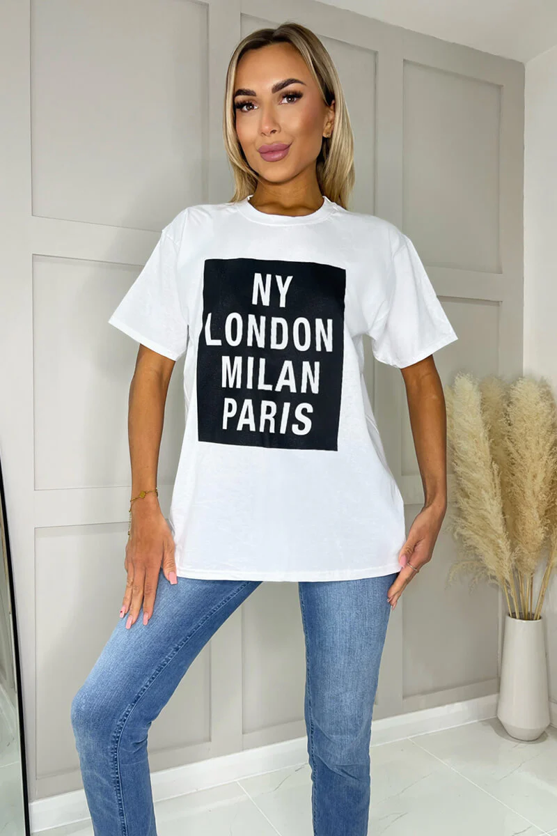 White NY London Milan Paris Slogan T-Shirt - Swimclubus