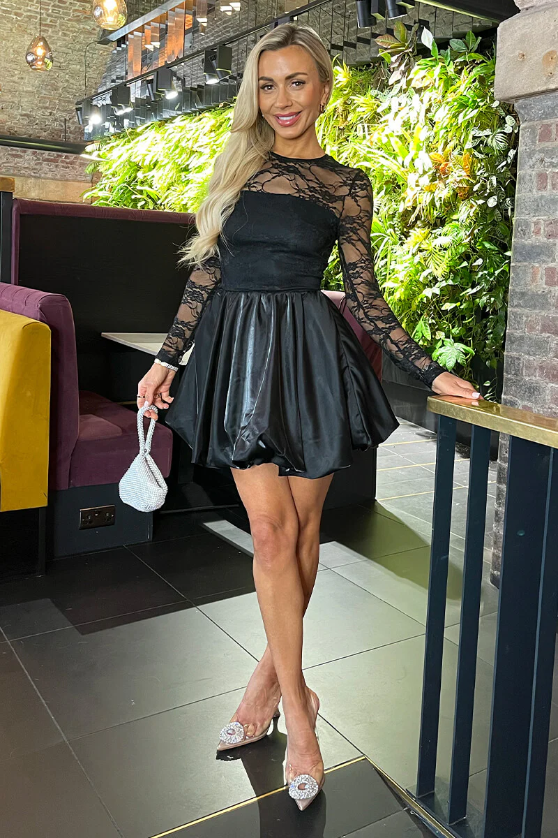 Black 2 in 1 Lace Top Bubble Hem Mini Dress - Swimclubus