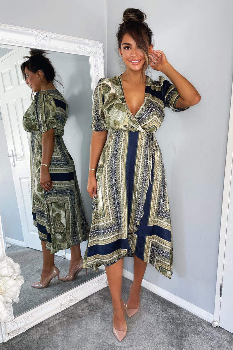 Khaki Scarf Print Wrap Midi Dress - Swimclubus
