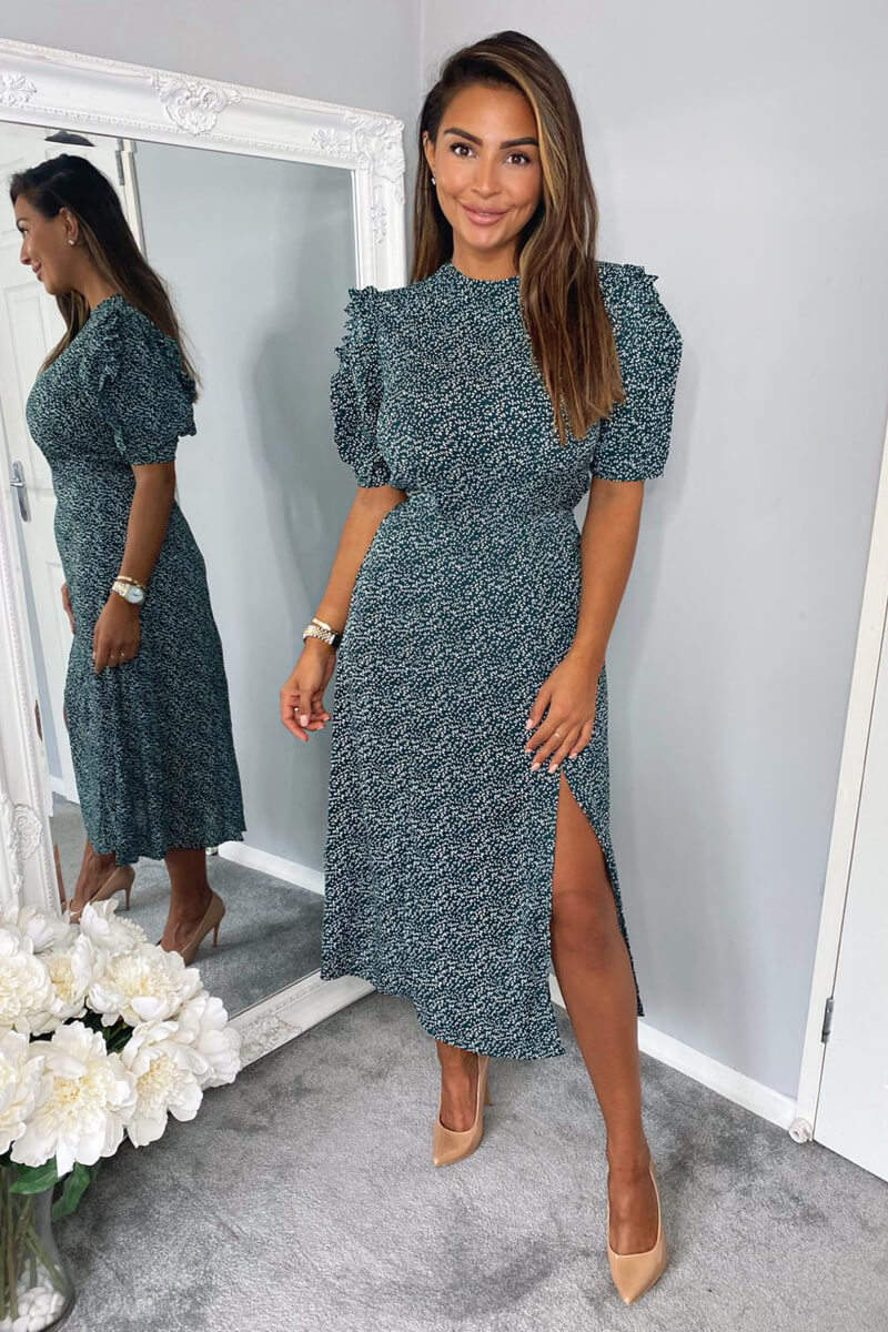 Forest Green Printed Pleated Sleeve Midi Dress - Swimclubus