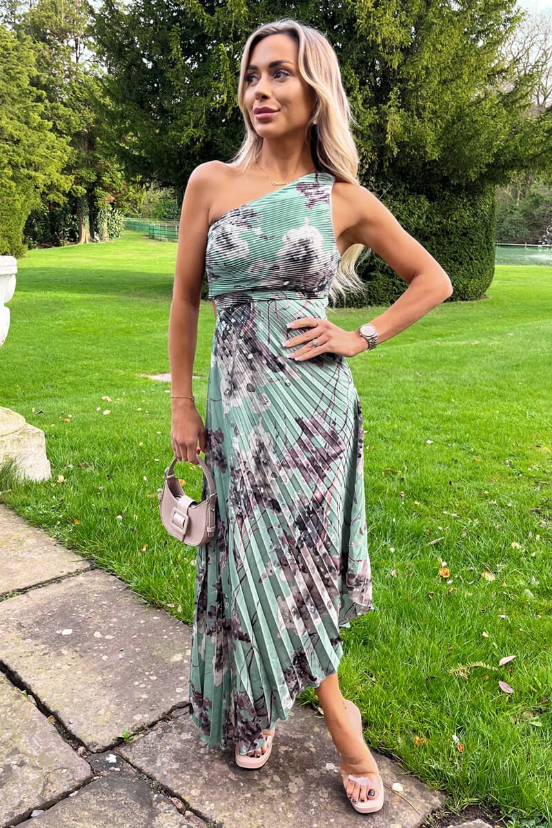 Duck Egg Printed One Shoulder Pleated Midi Dress - Swimclubus