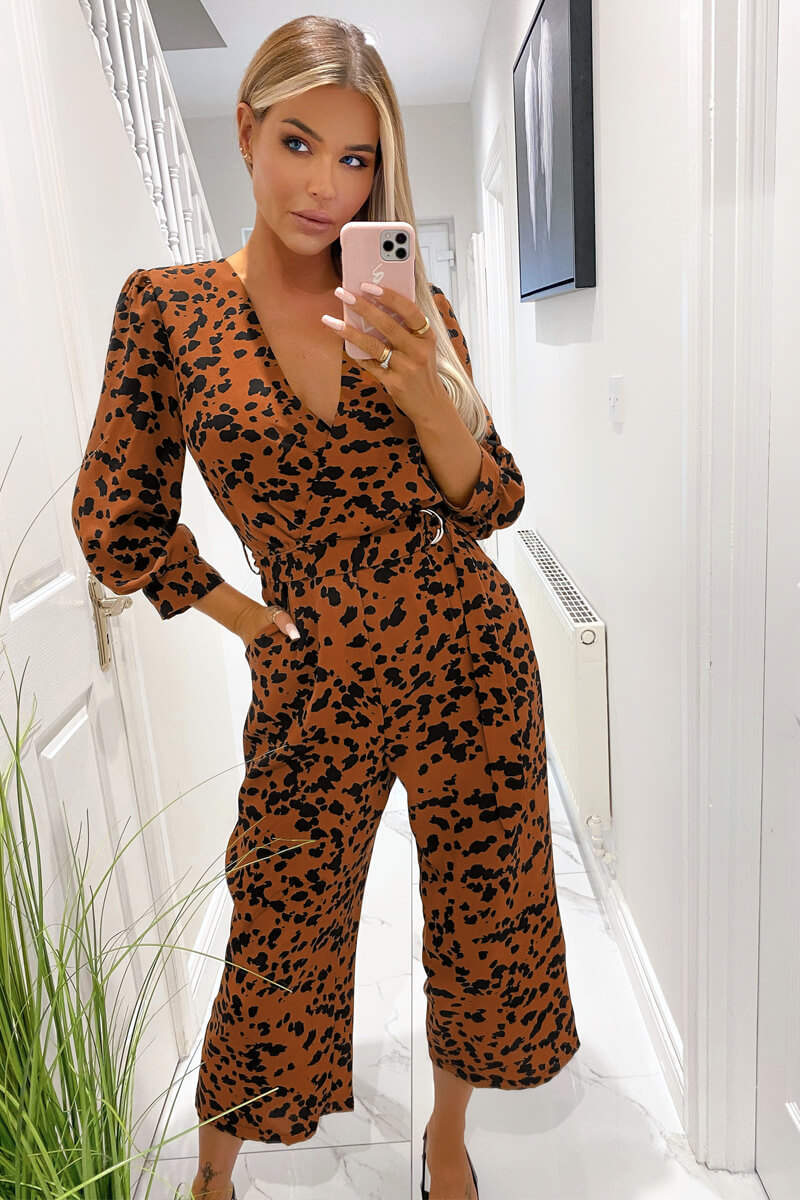 Rust Animal Printed Long Sleeve Jumpsuit - Swimclubus