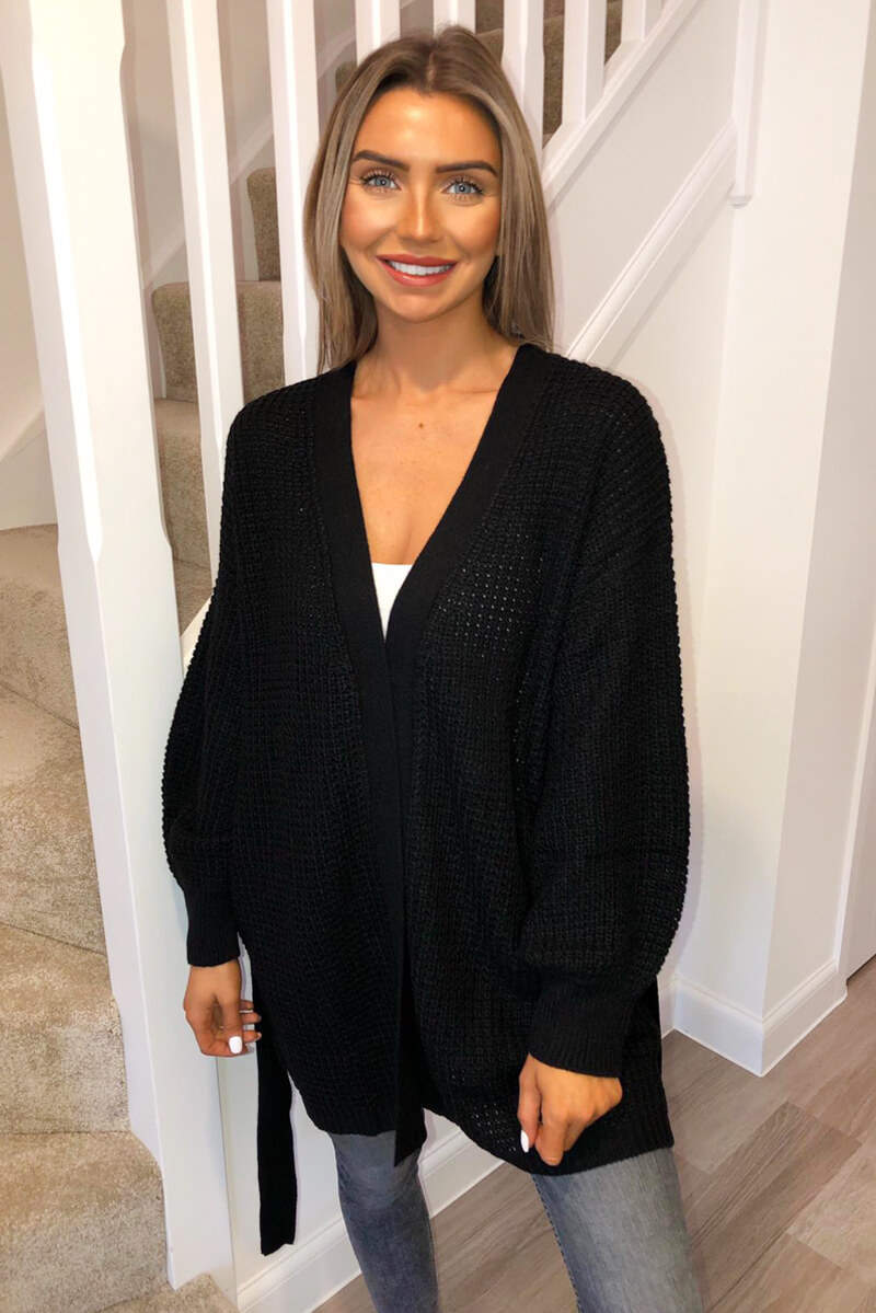 Black Chunky Knit Balloon Sleeve Cardigan - Swimclubus