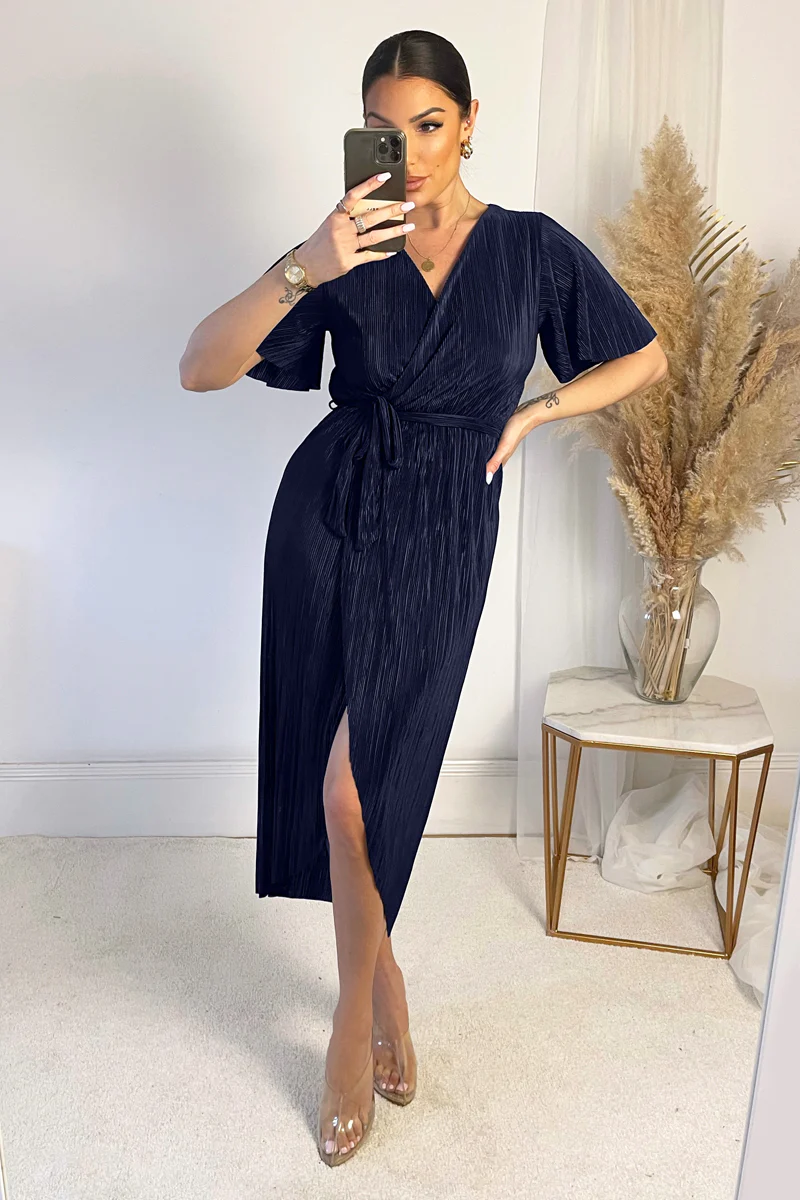Navy Wrap Top Belted Short Sleeve Plisse Midi Dress - Swimclubus