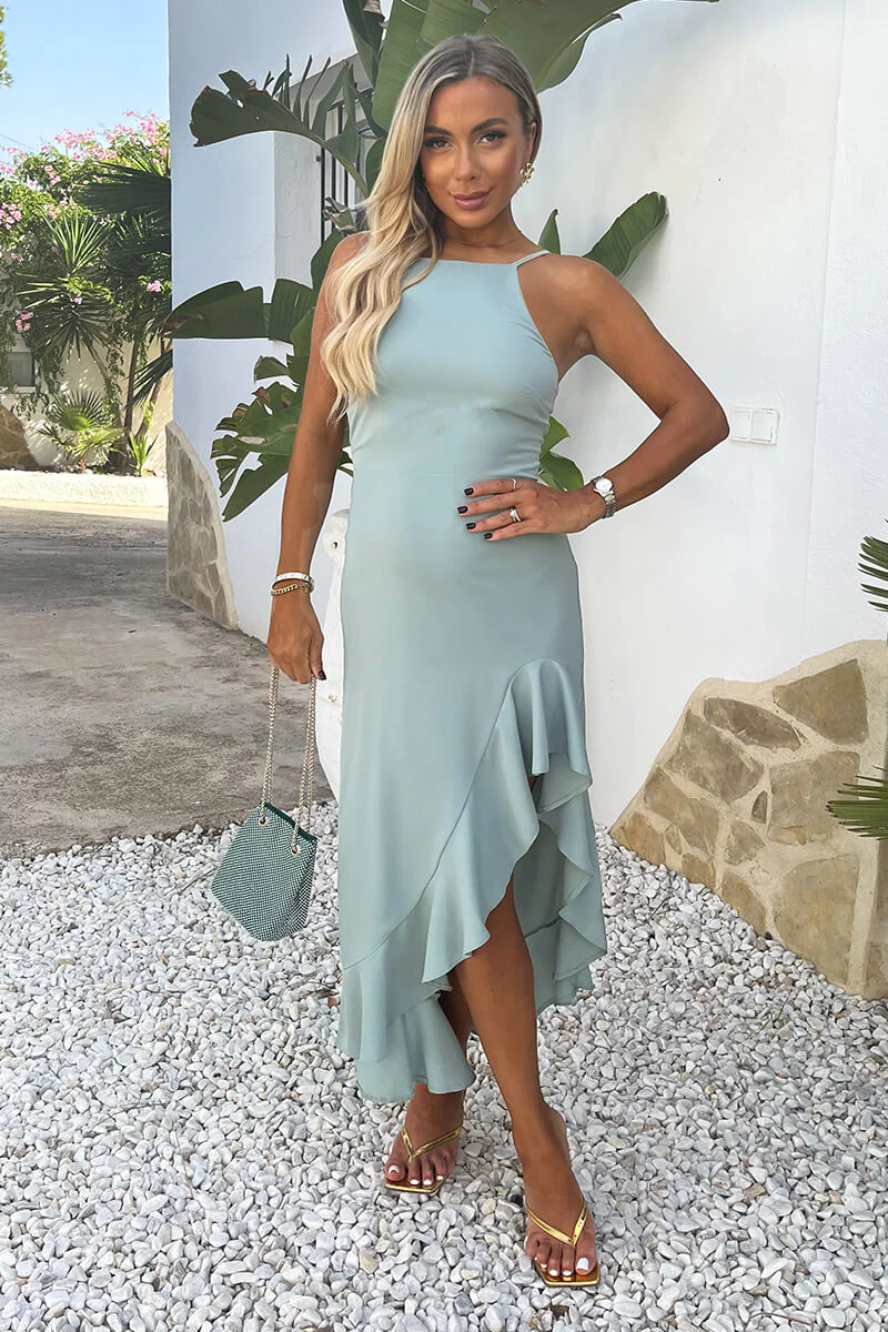 Duck Egg Racer Neck High Low Frill Hem Midi Dress - Swimclubus