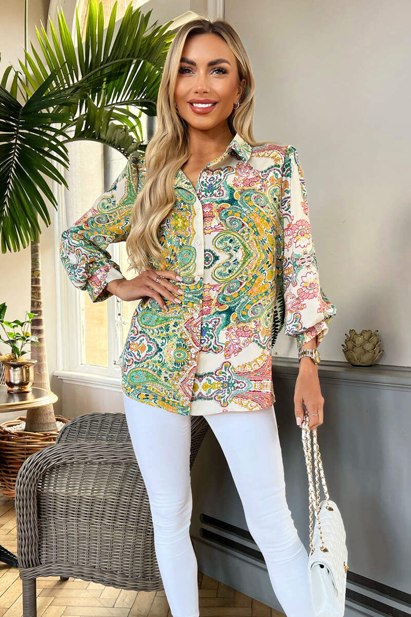 Green Paisley Multi Print Button Front 3/4 Sleeve Shirt - Swimclubus