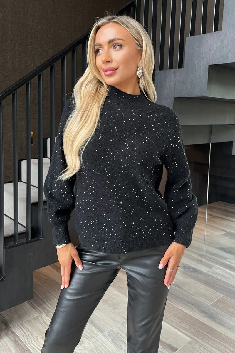 Black Sequin Detail Mock Neck Jumper - Swimclubus