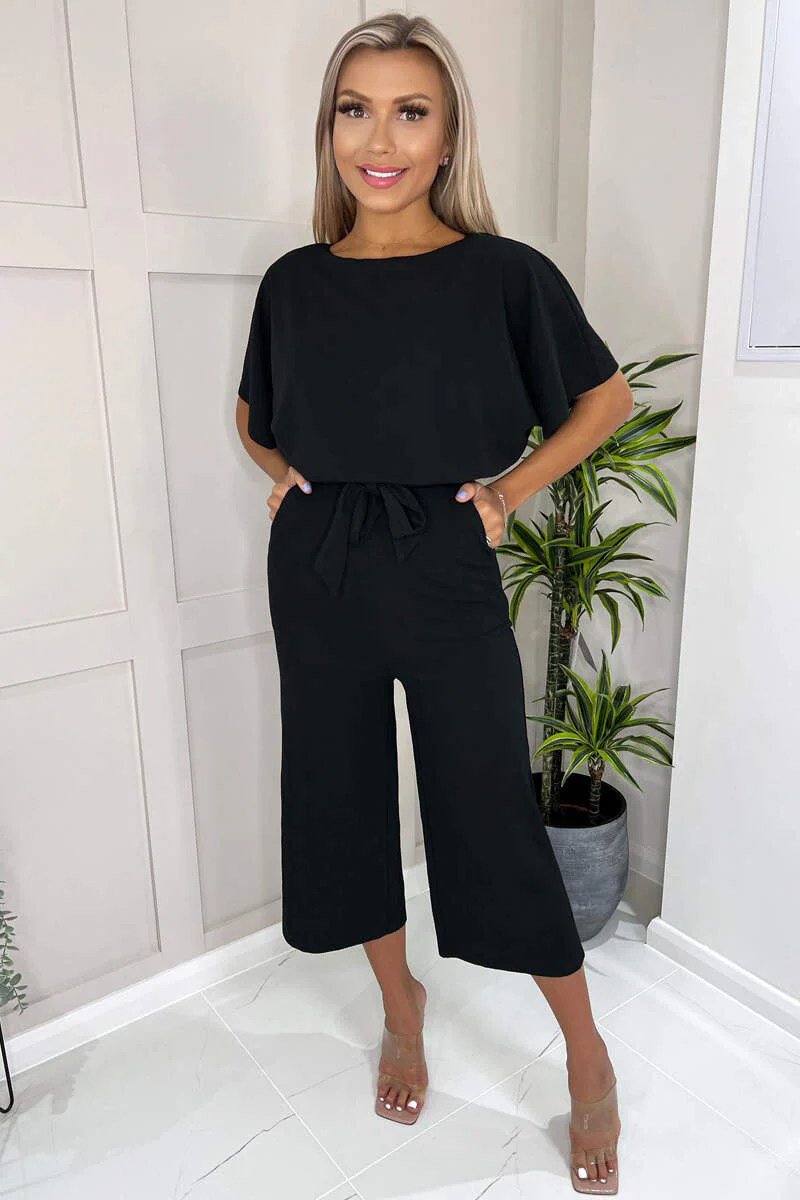 Black Tie Waist Short Sleeve Culotte Jumpsuit - Swimclubus