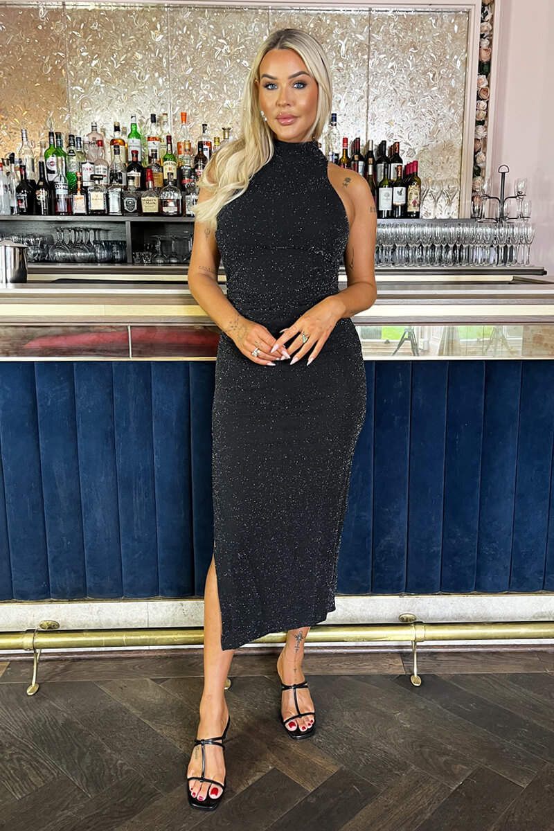 Black Sparkle Halter Neck Ruched Bodycon Midi Dress - Swimclubus