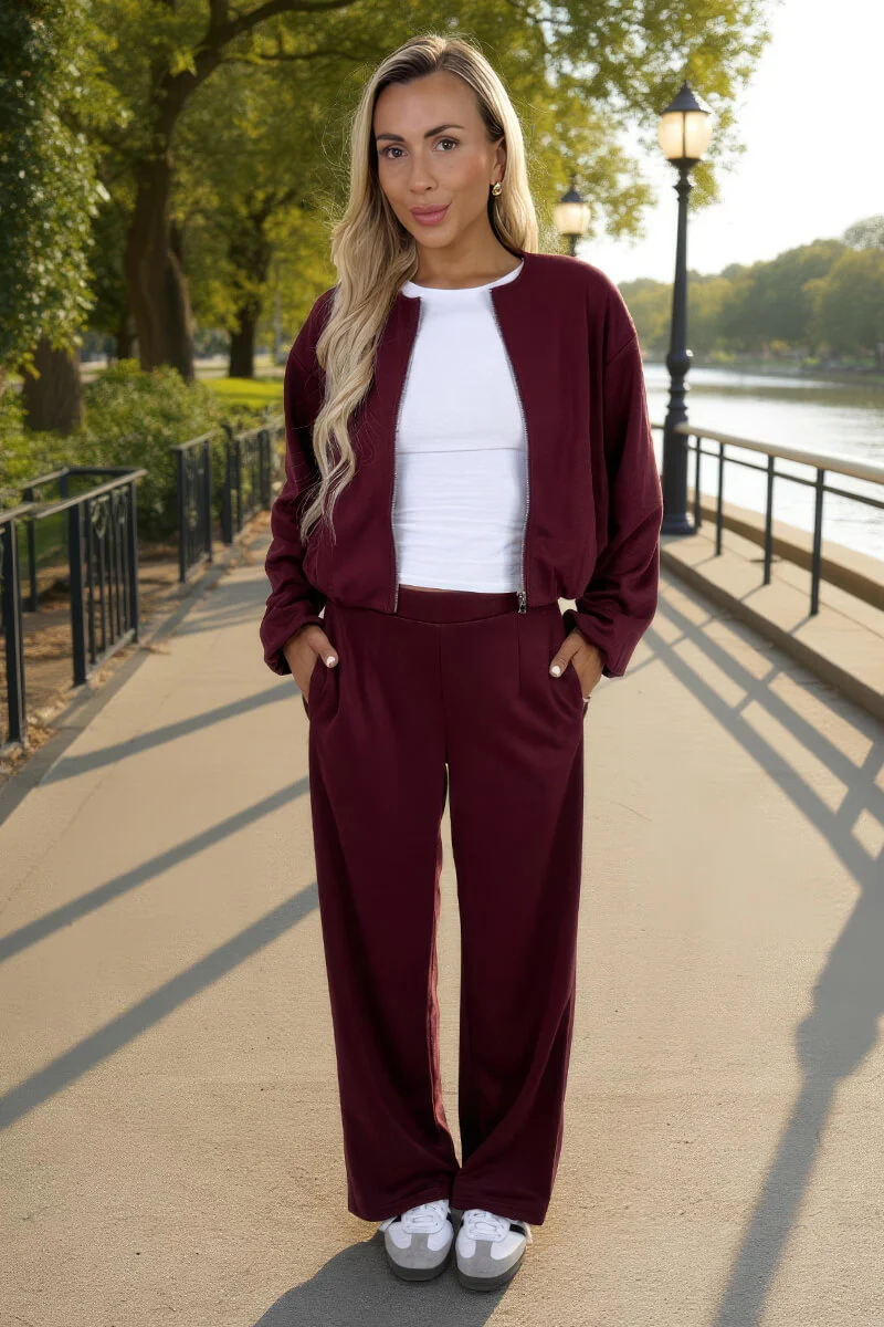 Burgundy Wide Leg Soft Trousers - Swimclubus
