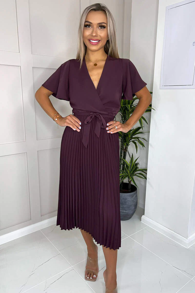 Plum Belted Pleated Skirt Midi Dress - Swimclubus
