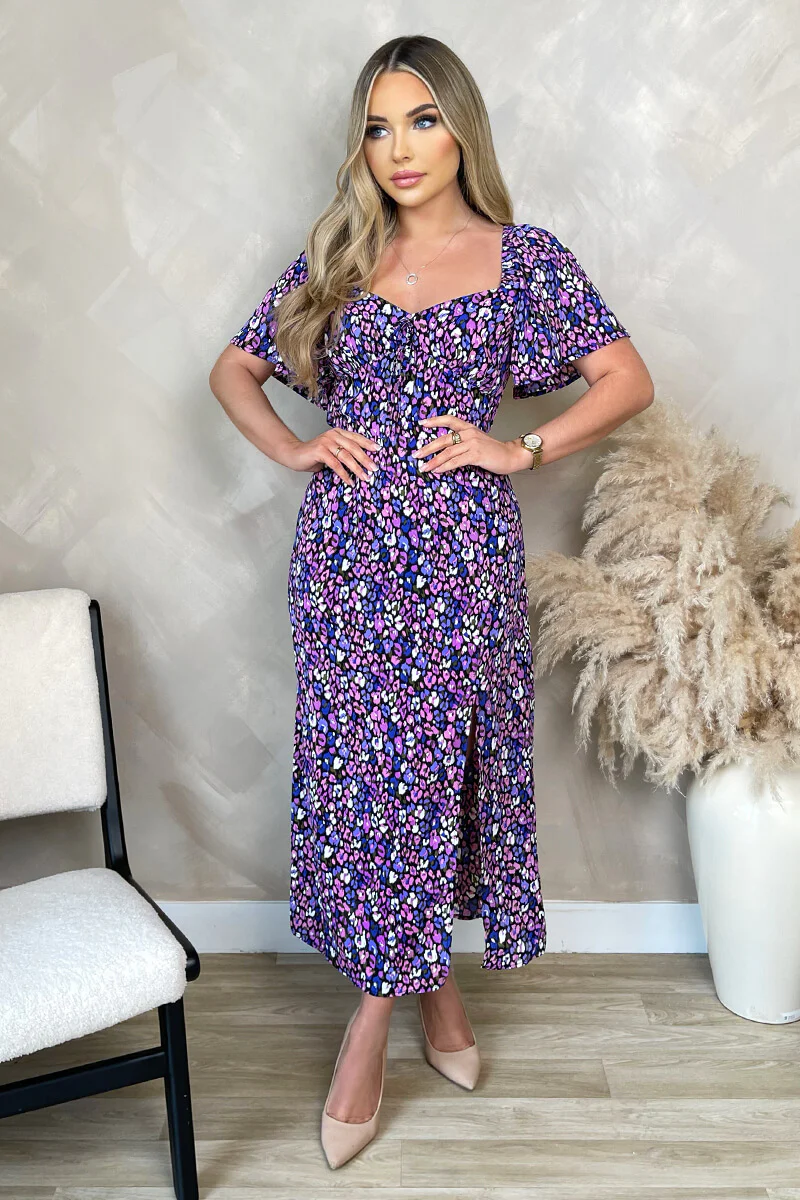 Purple Animal Print Short Sleeve Tie Front Midi Dress - Swimclubus
