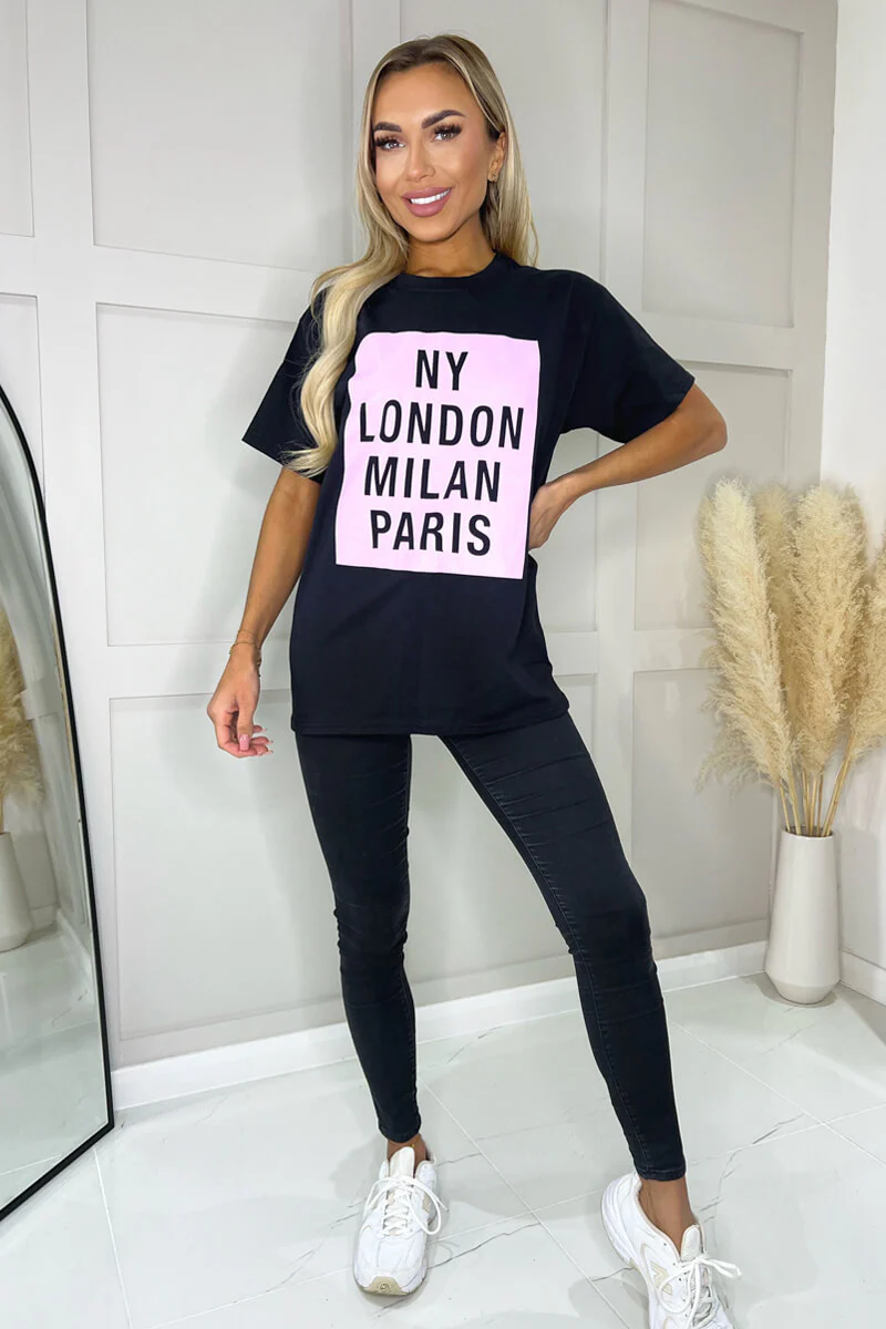 Black NY London Milan Paris Slogan T-Shirt - Swimclubus