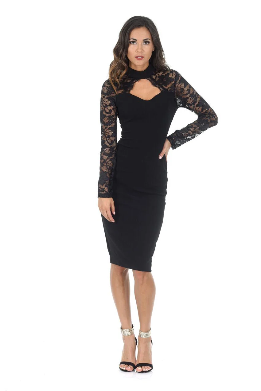 Black High Neck Lace Sleeve Midi Dress - Swimclubus