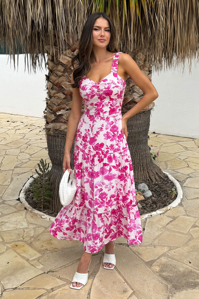 Pink And White Floral Print Shirred Straps Tiered Midi Dress - Swimclubus