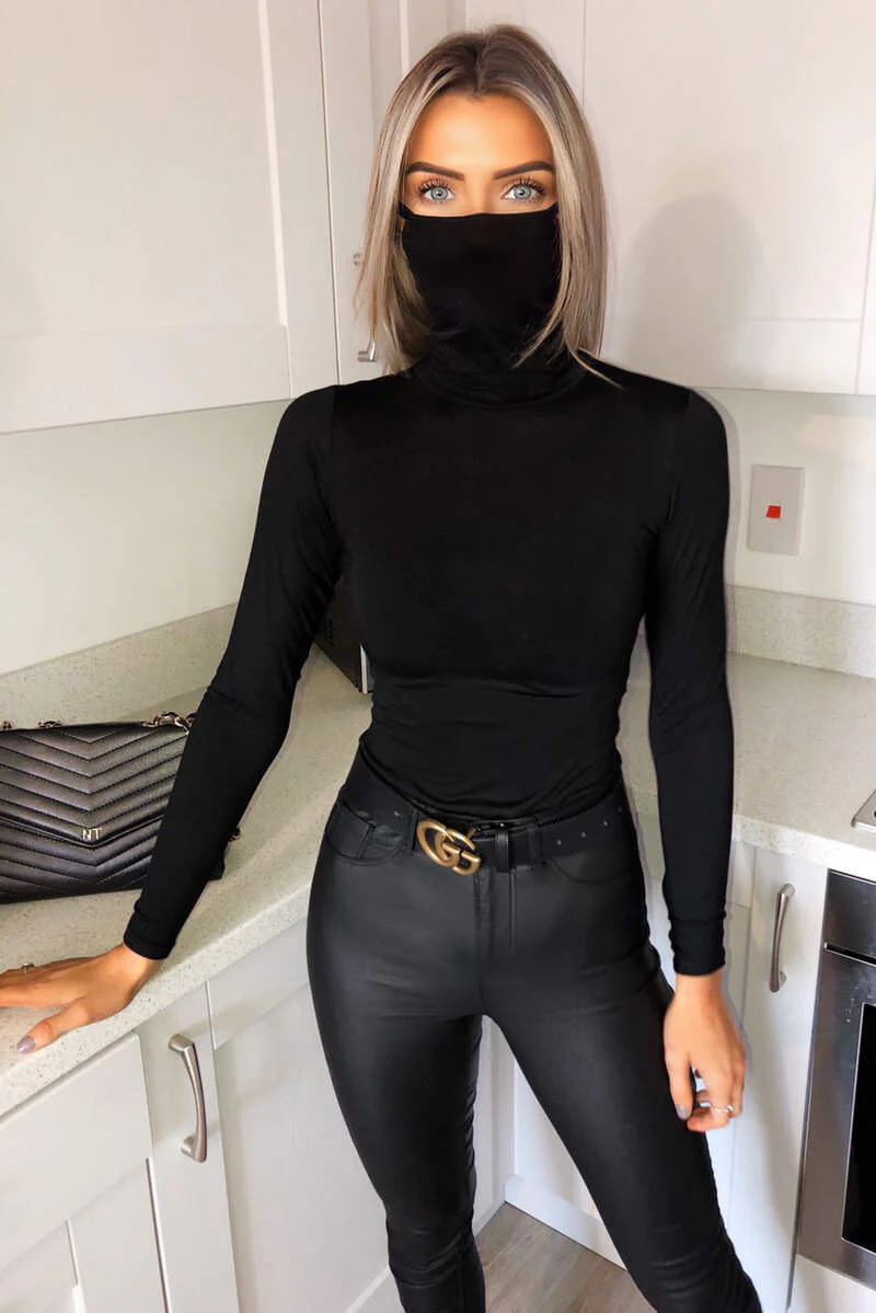 Black Jersey Long Sleeve Mask Bodysuit - Swimclubus