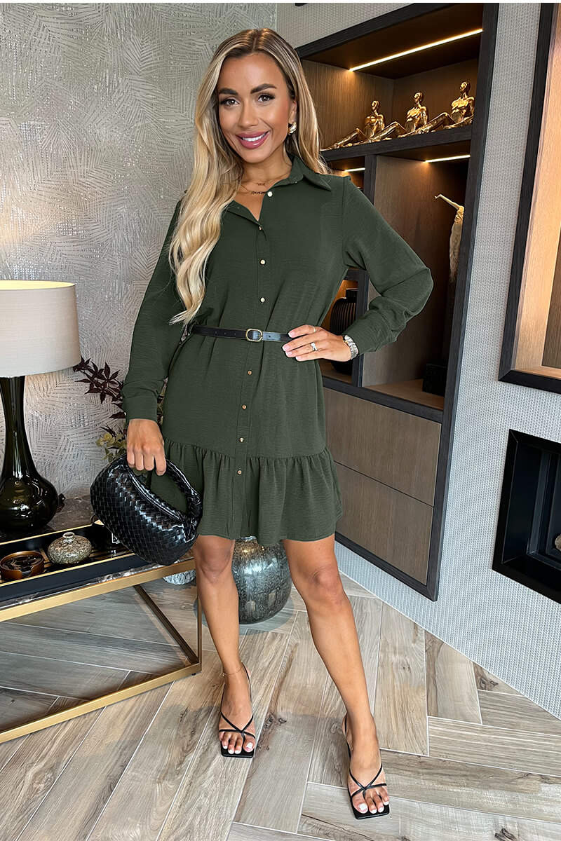 Olive Long Sleeve Frill Hem Shirt Mini Dress - Swimclubus