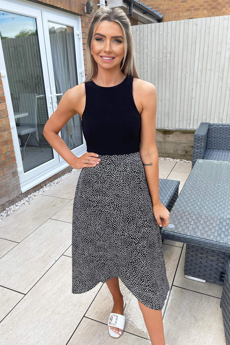 Black Dot Printed Wrap Midi Skirt - Swimclubus