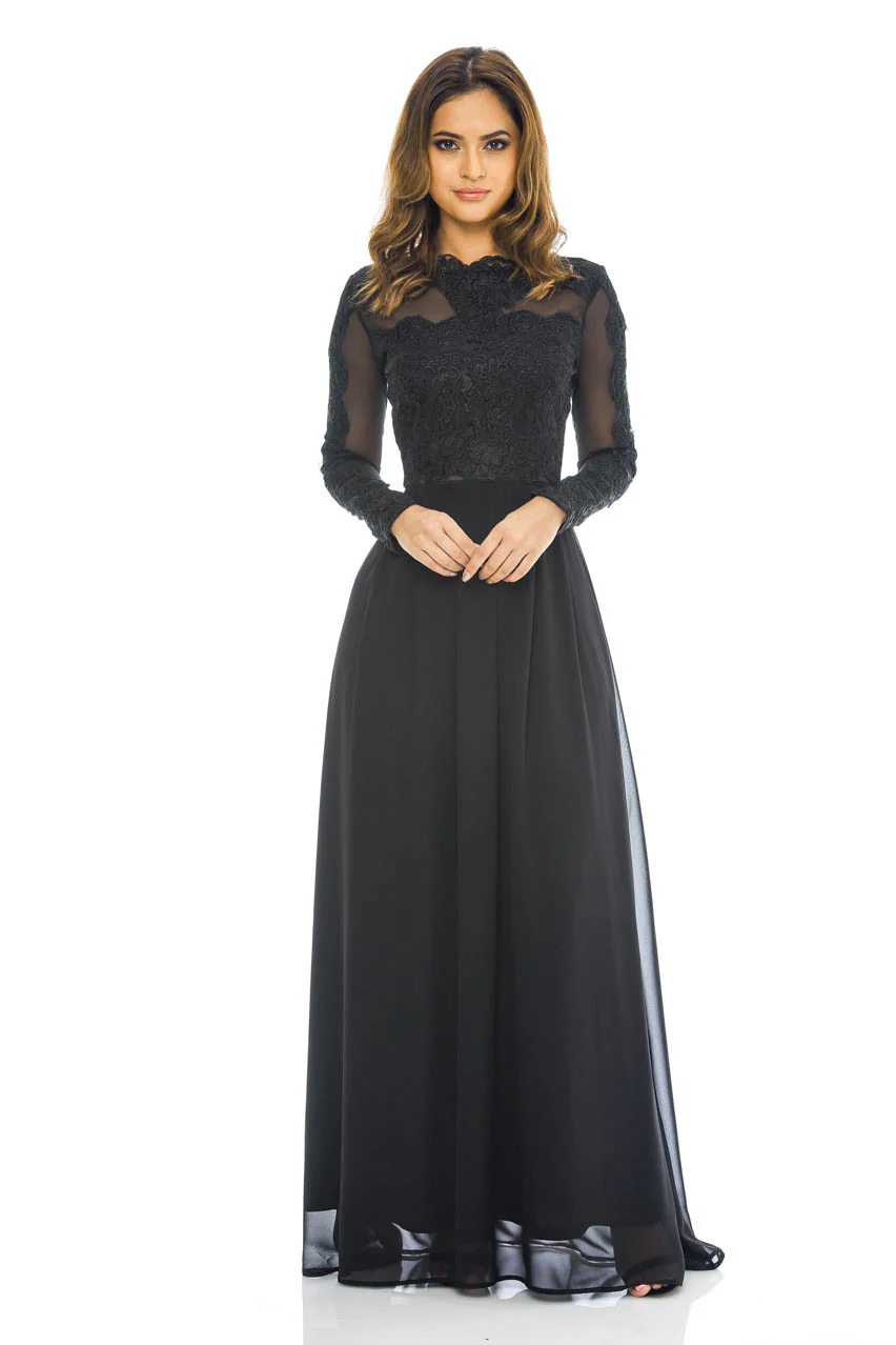 Black Long  Sleeved   Lace  Maxi Dress - Swimclubus