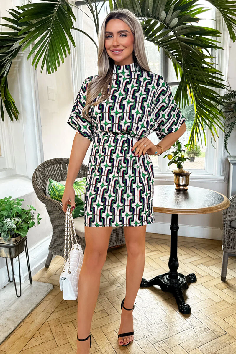 Green And Blue Geometric Printed High Neck Mini Dress - Swimclubus