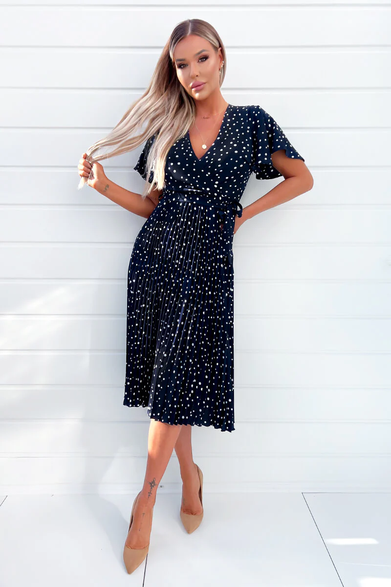 Navy Polka Dot Wrap Top Belted Pleated Midi Dress - Swimclubus
