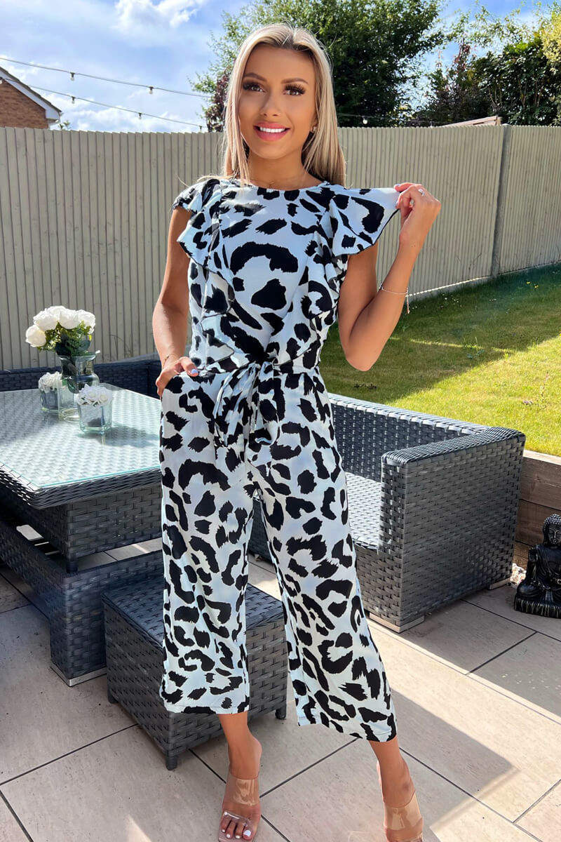Blue Animal Print Frill Front Jumpsuit - Swimclubus