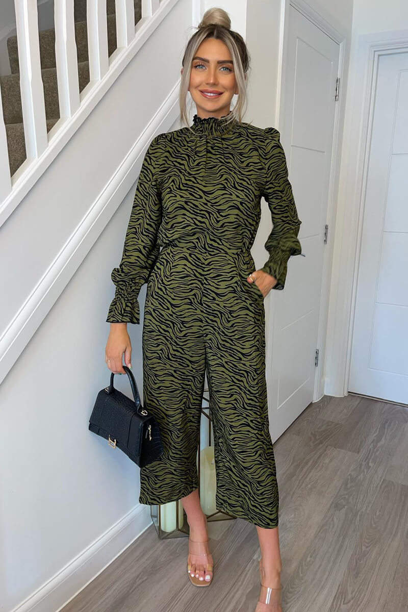 Khaki Animal Print Long Sleeve High Neck Jumpsuit - Swimclubus