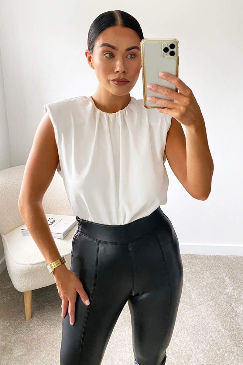 Cream Padded Shoulder Sleeveless Blouse - Swimclubus