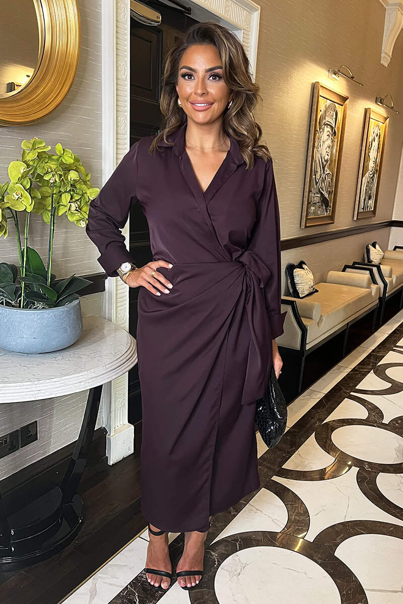 Plum Side Tie Waist Wrap Midi Dress - Swimclubus