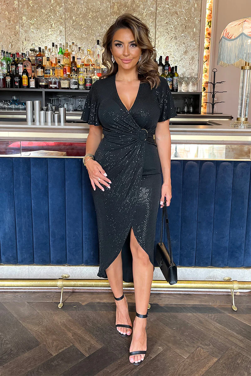 Black Sparkle and Sequin Short Sleeve Ring Detail Wrap Midi Dress - Swimclubus