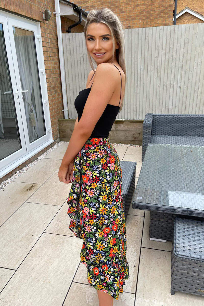 Black Bright Floral Printed Wrap Skirt - Swimclubus