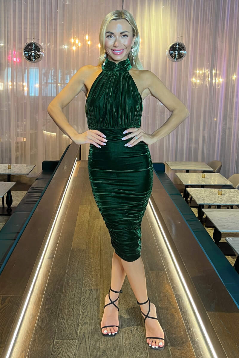 Green Velvet Halterneck Midi Dress - Swimclubus