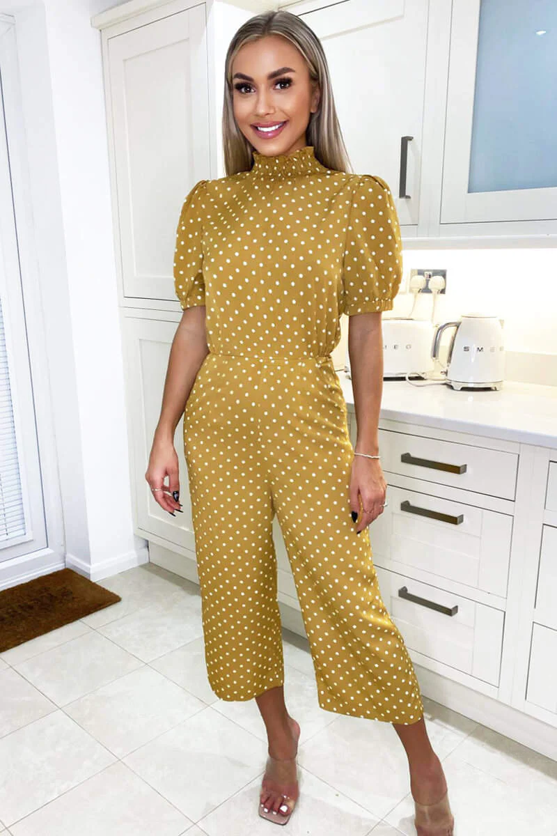 Mustard Polka Dot High Neck Culotte Jumpsuit - Swimclubus