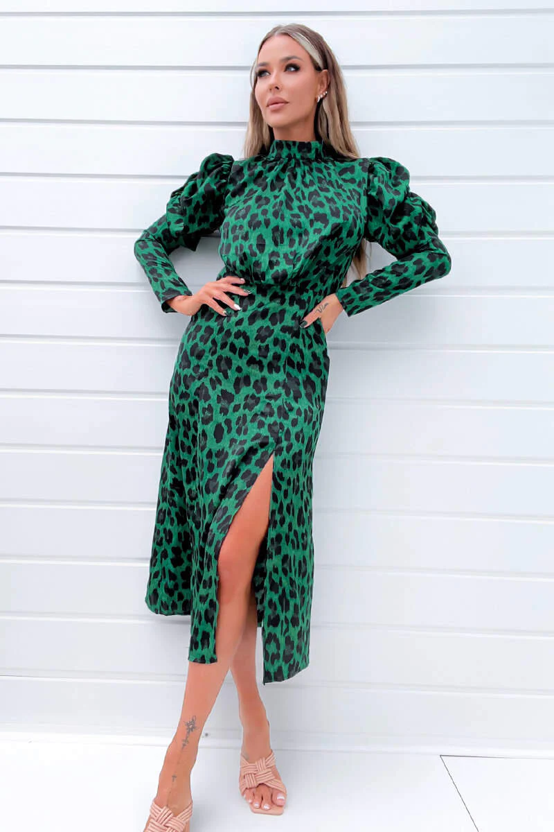 Green and Black Animal Print Puff Long Sleeve Midi Dress - Swimclubus