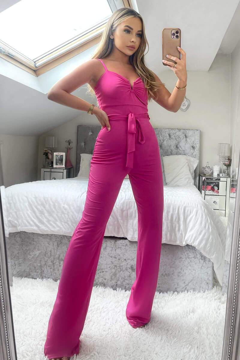 Cerise V-Buckle Belted Full Length Jumpsuit - Swimclubus