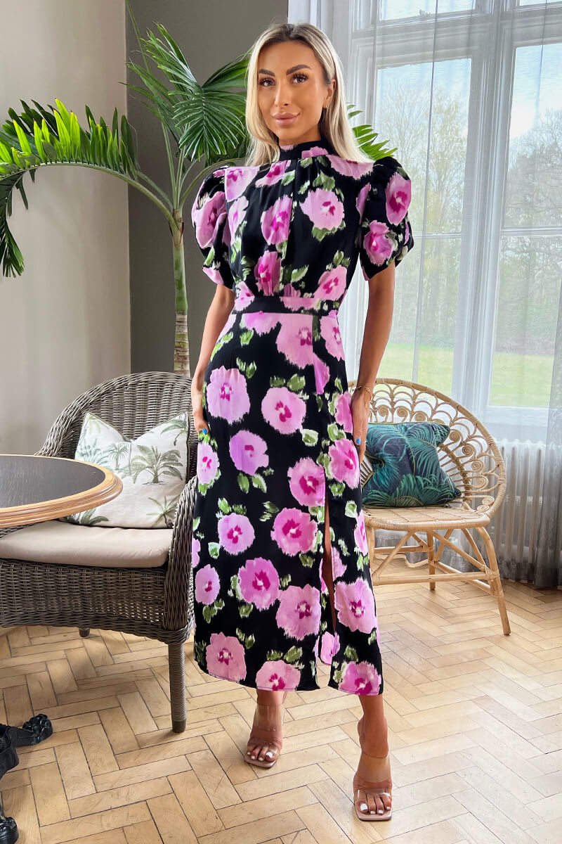 Black Floral Printed Short Puff Sleeve Midi Dress - Swimclubus
