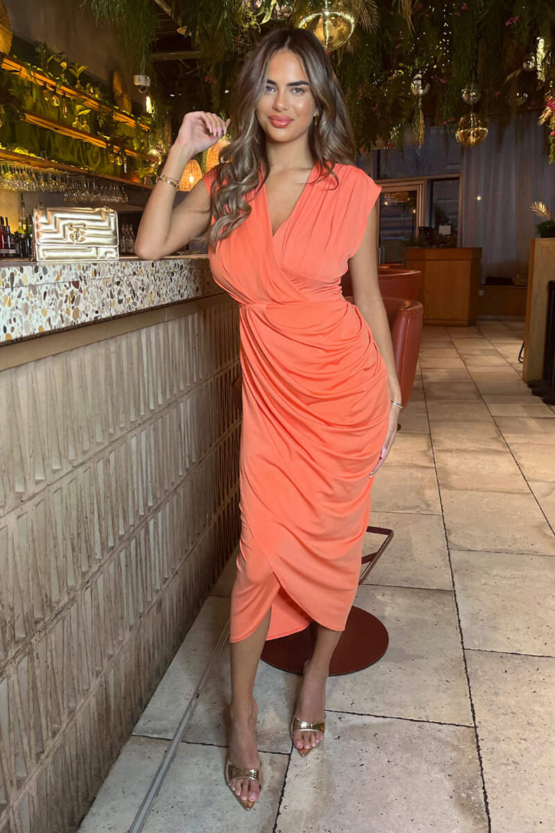 Peach Wrap Draped Midi Dress - Swimclubus
