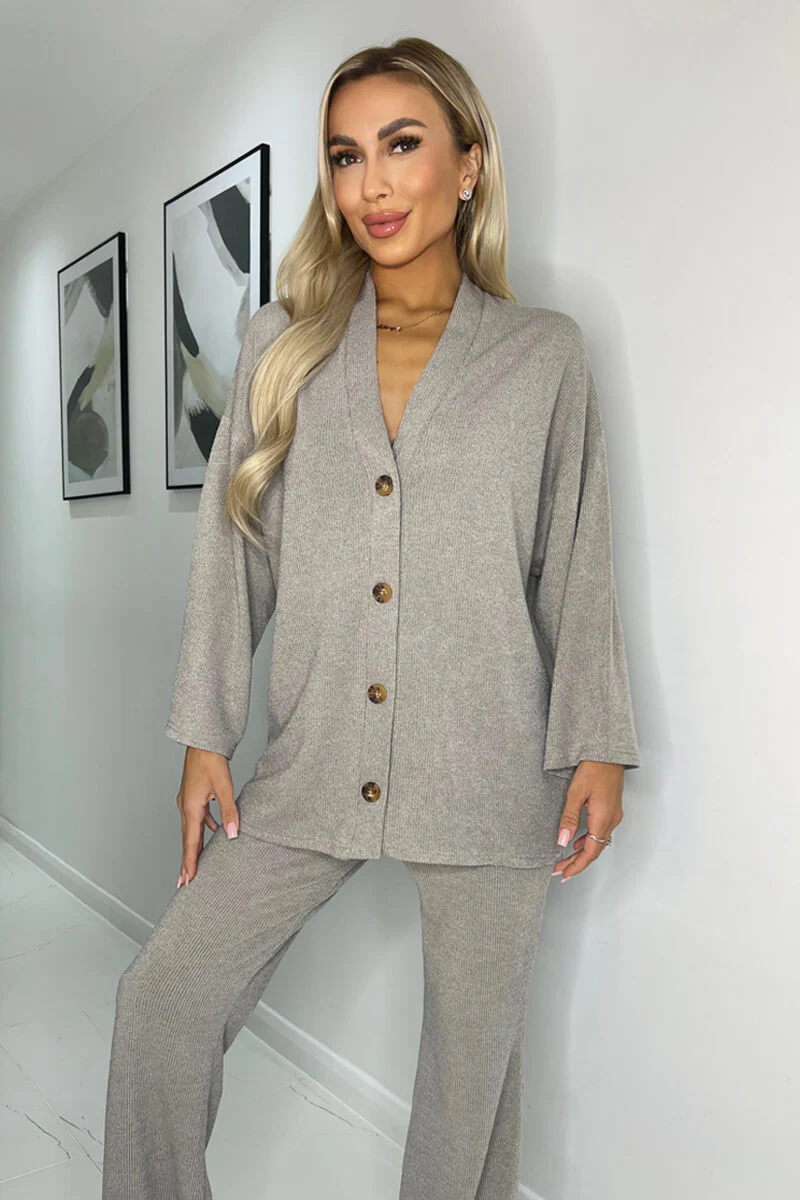 Oatmeal Ribbed Knit Button Front Lounge Cardigan - Swimclubus