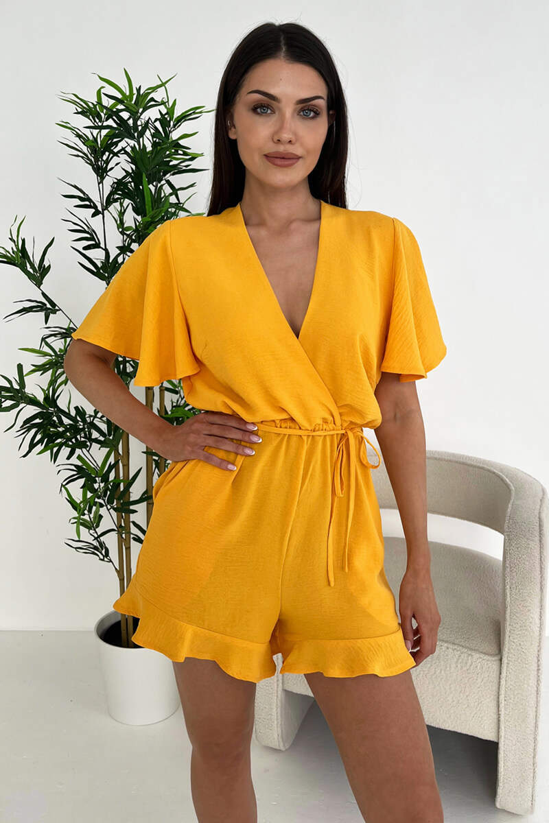 Yellow Butterfly Sleeve Wrap Top Tie Waist Playsuit - Swimclubus
