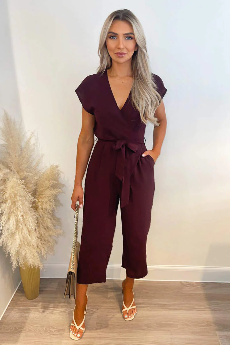 Plum Wrap Tie Waist Jumpsuit - Swimclubus