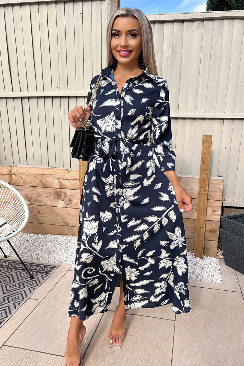 Navy And White Floral Printed Midi Shirt Dress - Swimclubus
