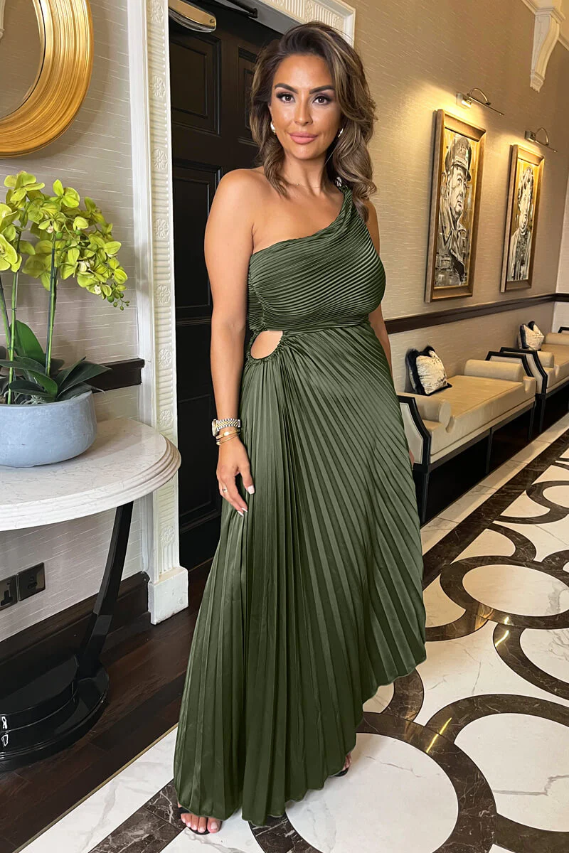 Olive One Shoulder Pleated Satin Midi Dress - Swimclubus